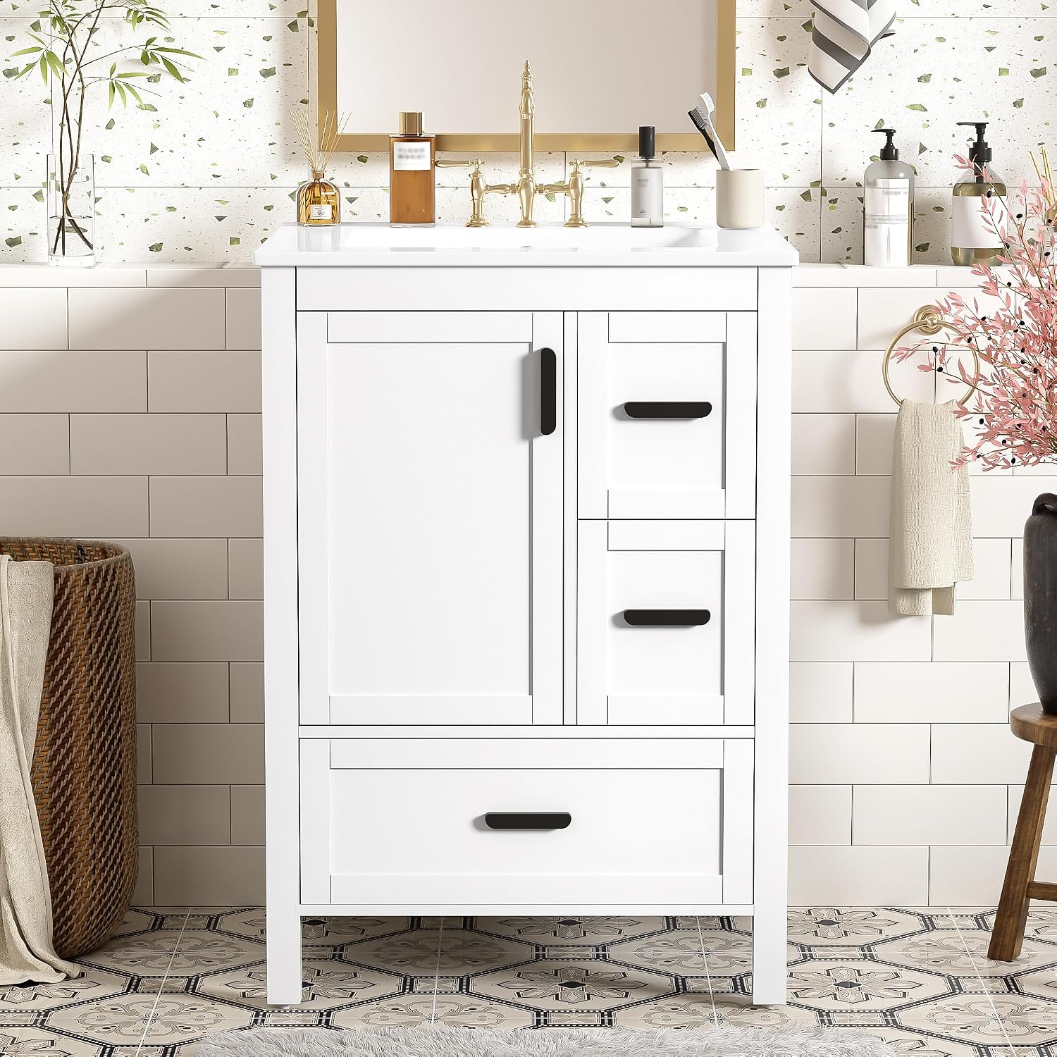 24' Bathroom Vanity with Sink, Harper & Bright Designs Free Standing Single Vanity Set with 3 Drawers and One Door with Storage Racks, Solid Wood Storage Cabinet with Ceramic Basin for Bathroom, White