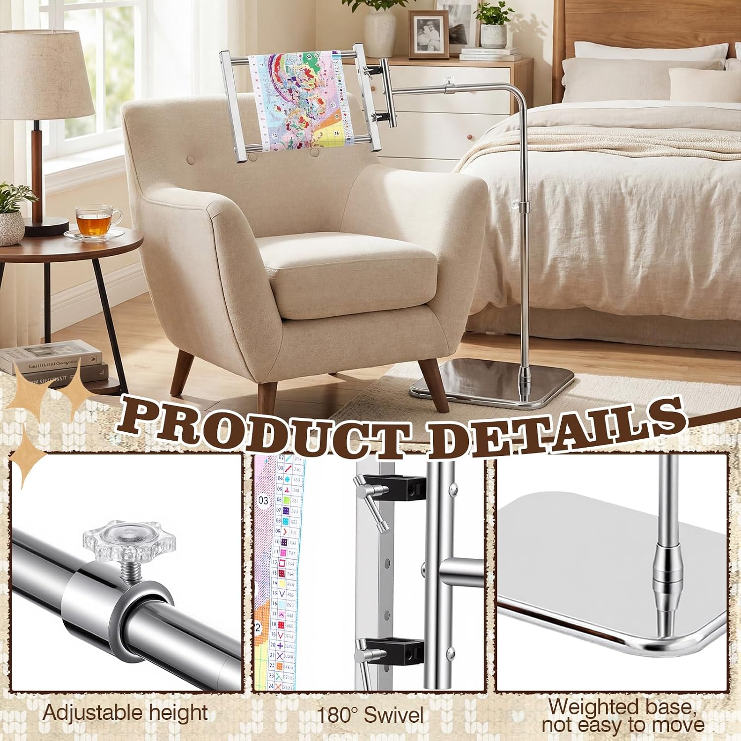 Novabright Adjustable Embroidery Stand with Side Clamp—Needlework Frame Holder for Cross Embroidery, Punch Needle, and Hand Sewing Projects Fits Scroll Rods up to 20 Inches & Q-Snap Frames