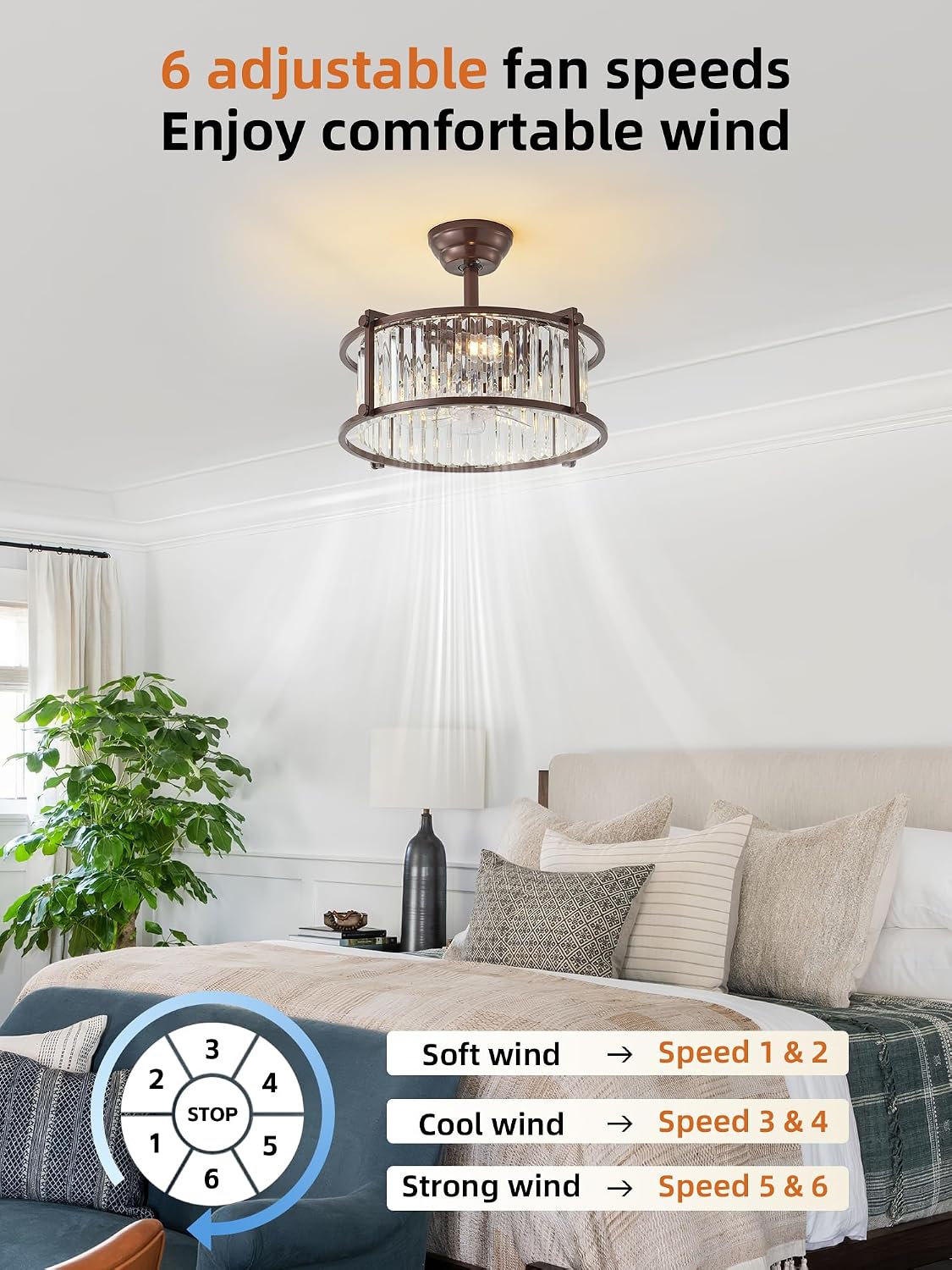 20' Farmhouse Rustic Crystal Fandelier Ceiling Fans with Lights, Brown Crystal Industrial Chandelier Ceiling Fan with Light and Remote, Caged with 6 Speeds for Bedroom, Nursery, Living Room