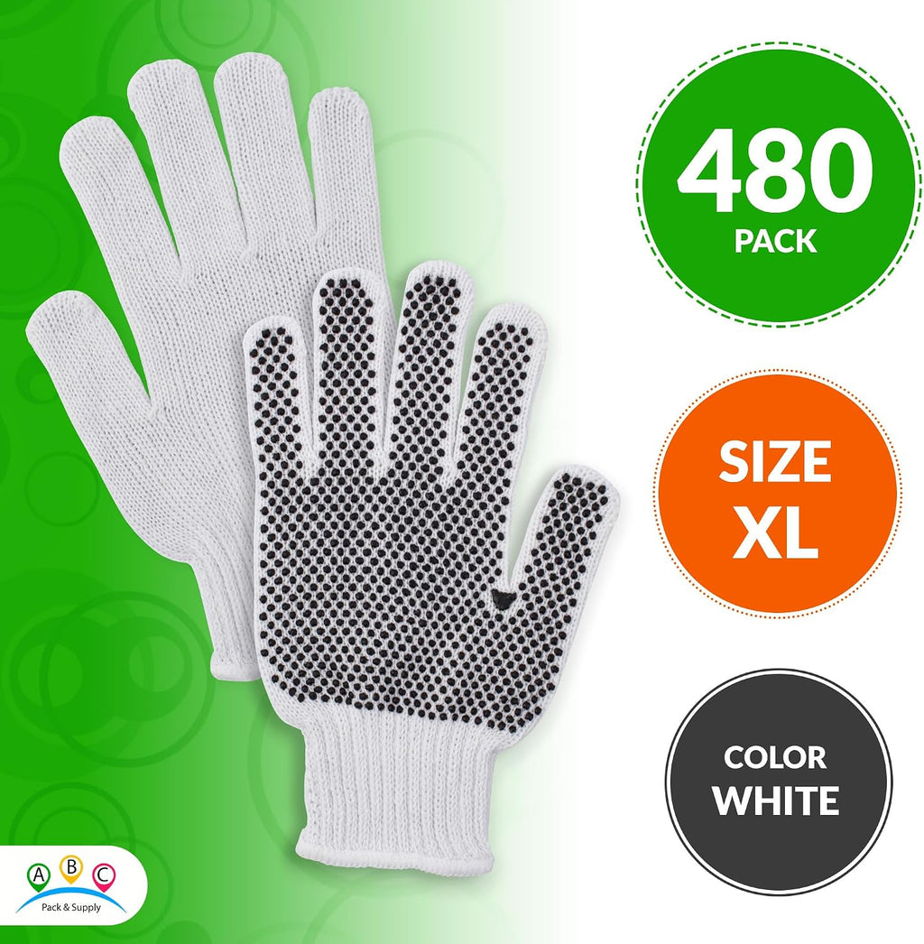 ABC PACK & SUPPLY Work Gloves Bulk, White Polyester Cotton Glove with Black PVC Palm Dots, String Knit Gloves