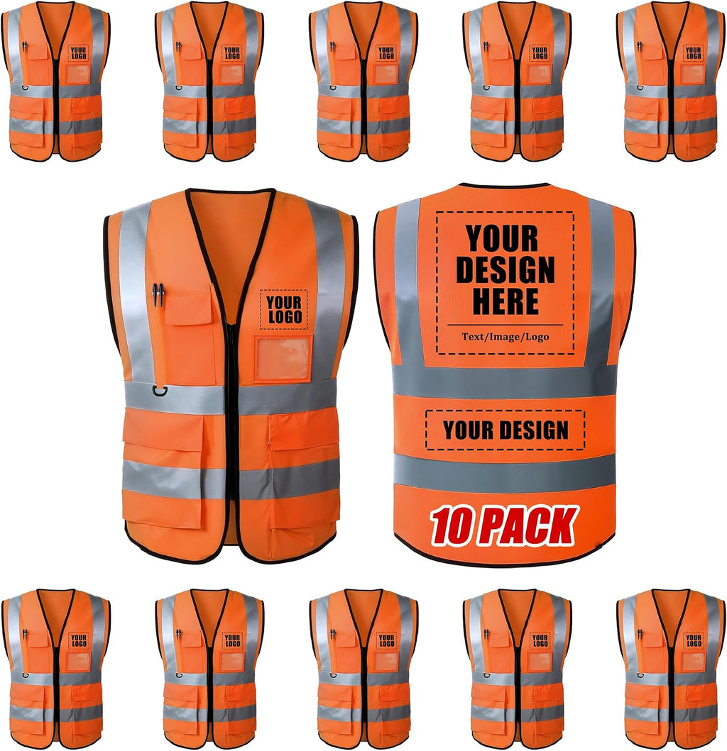 Custom Safety Vest, High Visibility Reflective Personalized Vest with Logo and Pockets for Men Women Construction