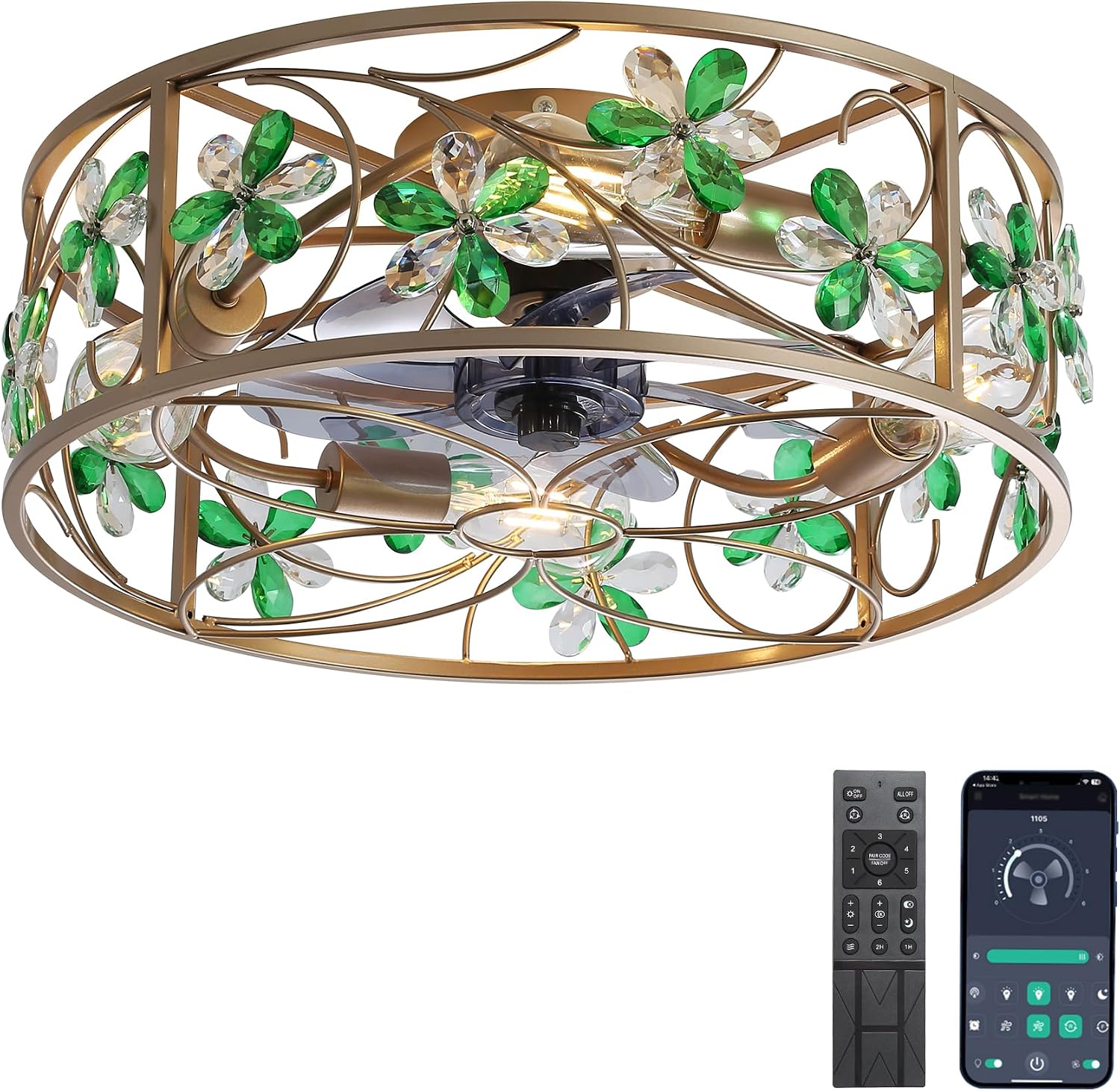 Ceiling Fans with Lights and Remote Flower Crystal Low Profile Ceiling Fan Bedroom Fan w. 6 Speeds Reversible Motor Bladeless Flush Mount Fan Light for Living Room ,Dinning Room,Entrance,Gold