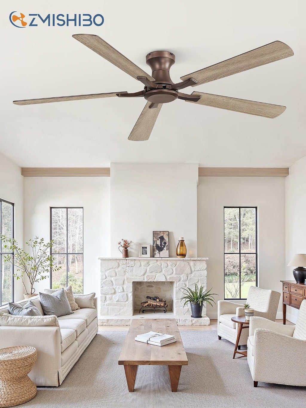 ZMISHIBO 60 Inch Ceiling Fan No Light, Flush Mount Low Profile, Farmhouse Brown Ceiling Fan Without Light, Remote Control & Quiet DC Motor, for Indoor&Outdoor, Bedroom, Living Room