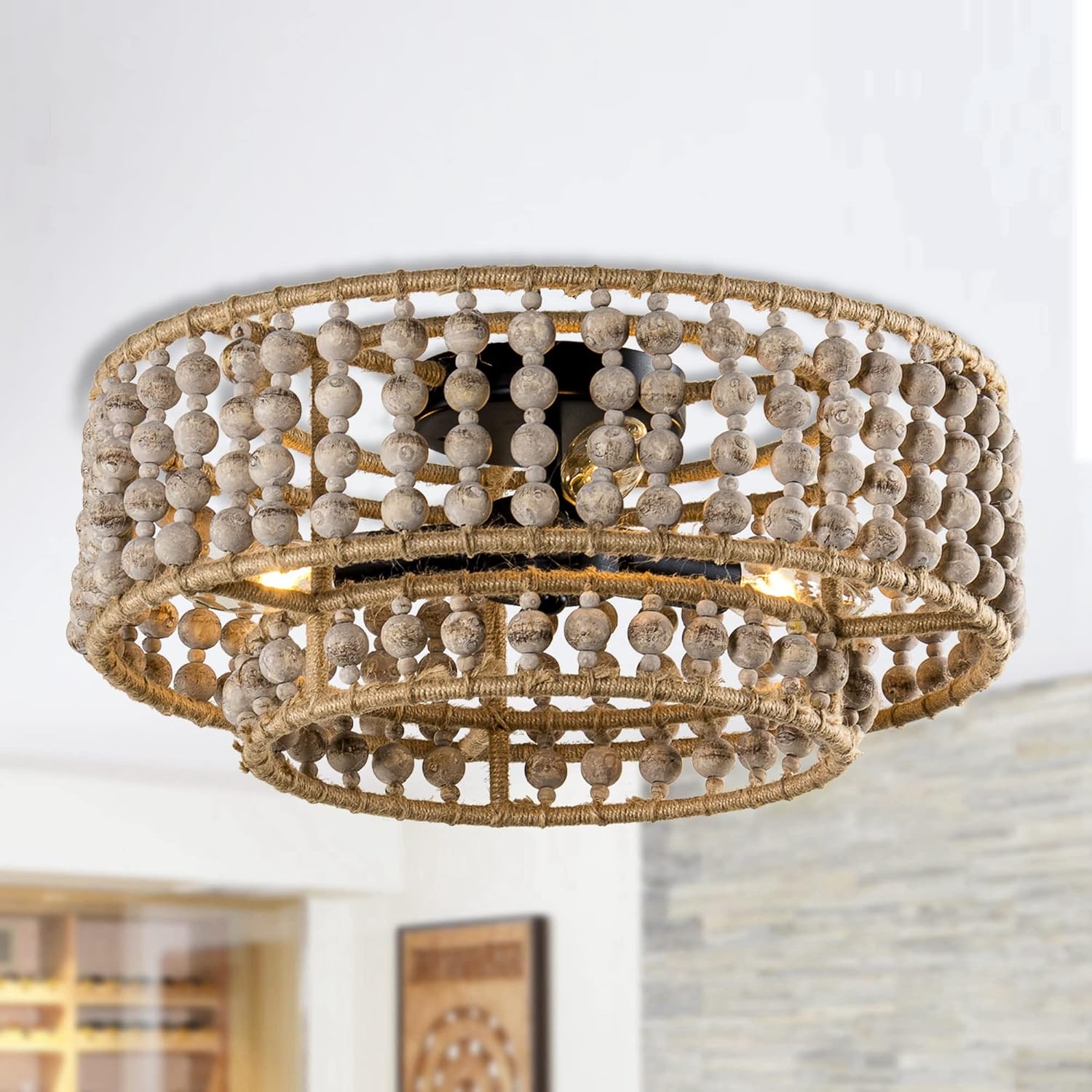 Wood Beaded Chandelier - 3 Lights Boho Flush Mount Light Fixture Farmhouse Chandeliers for Bedroom Hallway Kitchen Island Foyer Entryway Nursery Living Room