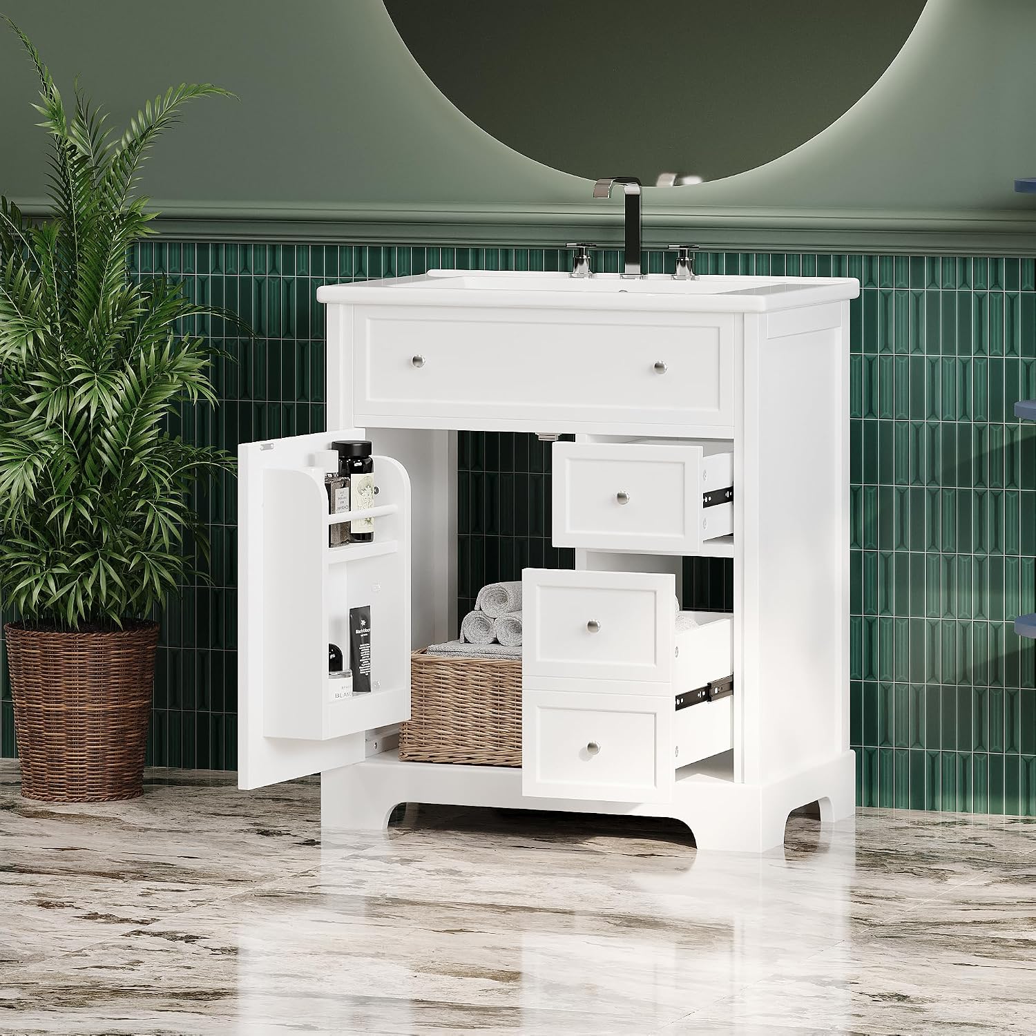 30' Bathroom Vanity Cabinet with Ceramic Sink Top Set, Two Drawers with Slides, Soft Closing Doors, Freestanding, Solid Wood Frame & MDF Board, White