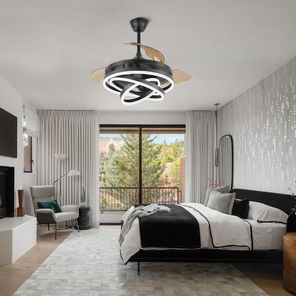 42' Retractable Ceiling Fan with Lights and Remote, Black Fandelier Ceiling Fan Modern Chandelier LED Light, Reversible Quiet DC Motor 3CCT Dimmable 6 Speed for Bedroom Living Room