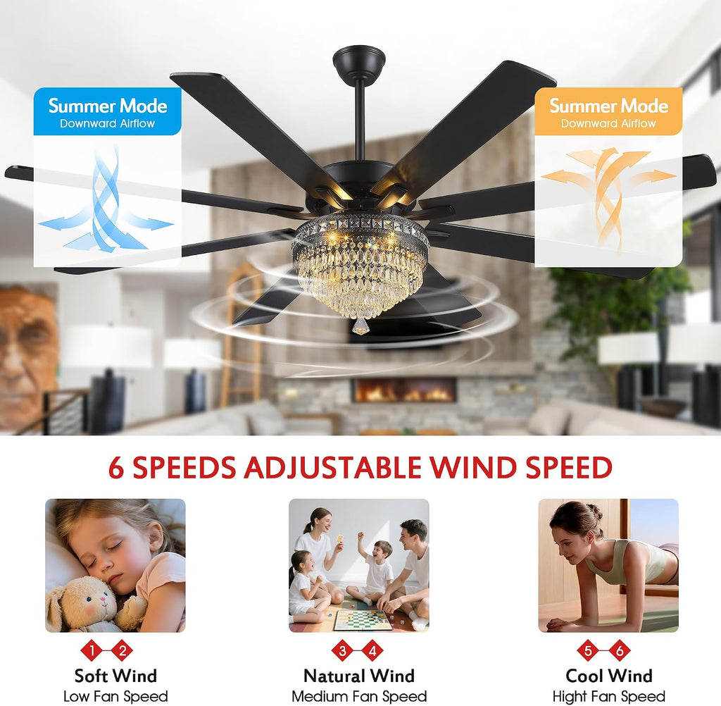 GJeg Crystal Ceiling Fan Fandelier with Lights - Outdoor Ceiling Fans with Remote Control, Farmhouse Ceiling Fan with Noiseless DC Reversible Motor,Dining Room,Living Room(72' Black)