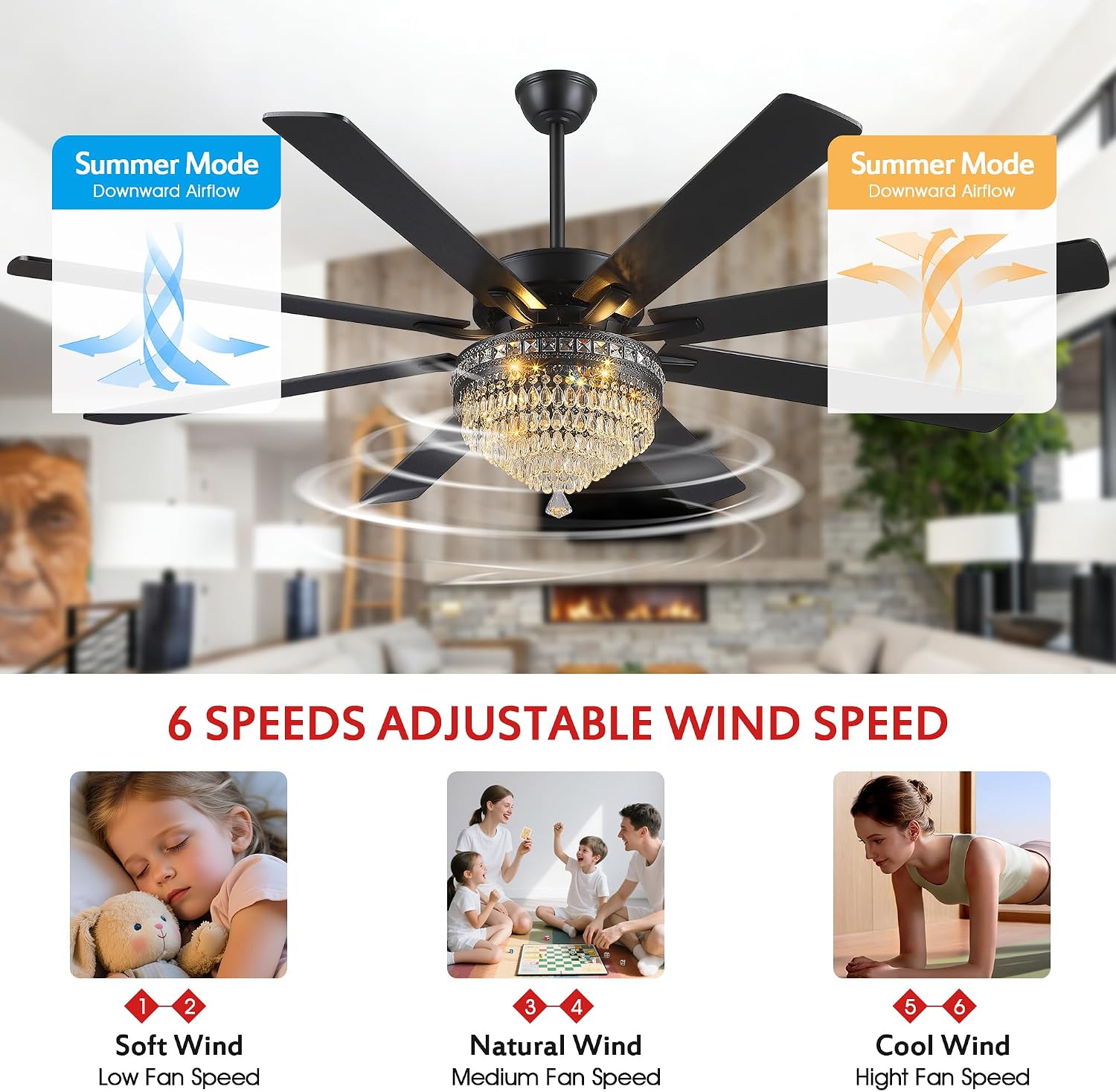 GJeg Crystal Ceiling Fan Fandelier with Lights - Outdoor Ceiling Fans with Remote Control, Farmhouse Ceiling Fan with Noiseless DC Reversible Motor,Dining Room,Living Room(72' Black)