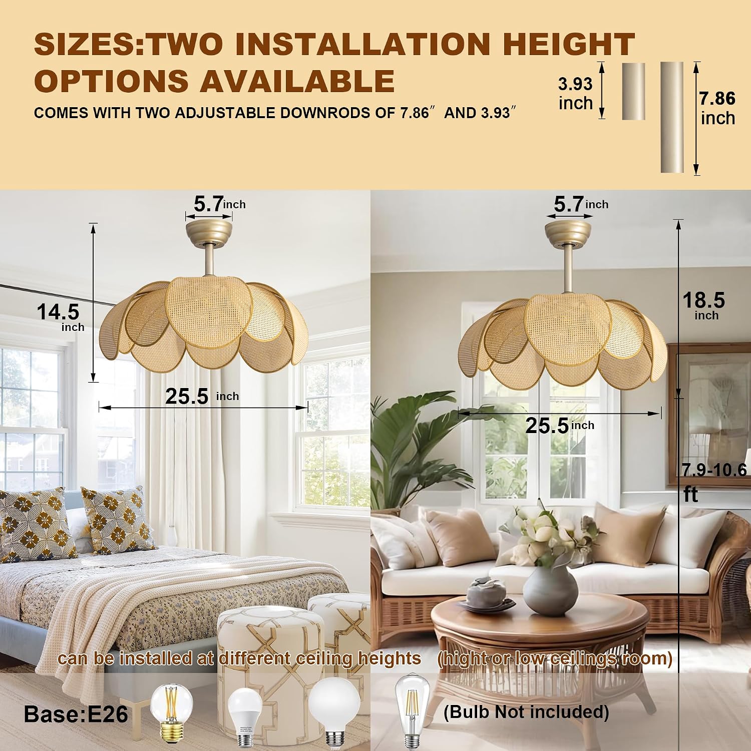 Ceiling Fans with Lights, Fandelier Chandelier Ceiling Fan and Remote,Boho,Flush Mount,Low Profile,for Bedroom,Living Room,Gold