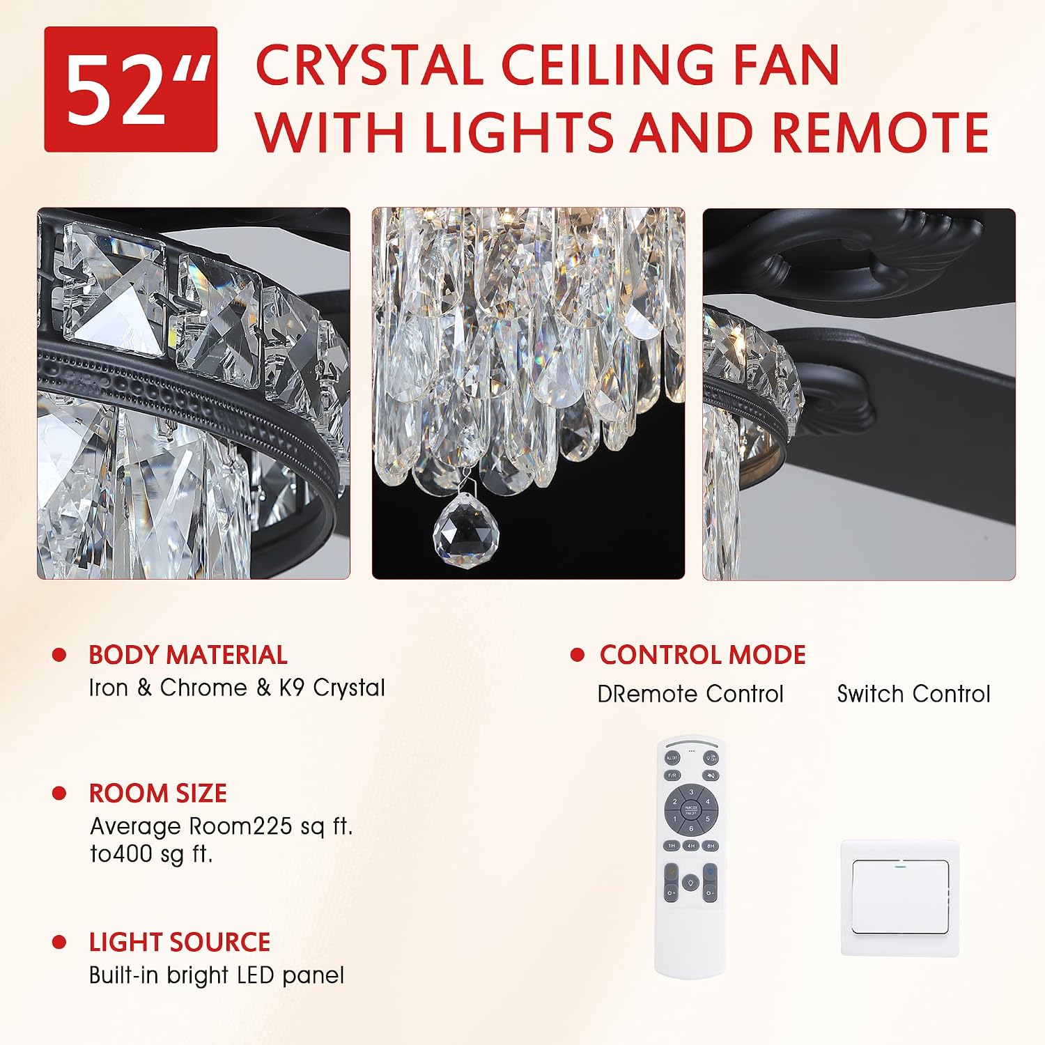 GJeg Crystal Ceiling Fan Fandelier with Lights-Ceiling Fans with Remote Control,Modern Ceiling Fan with Noiseless DC Reversible Motor,Dining Room,Living Room(52' Black)