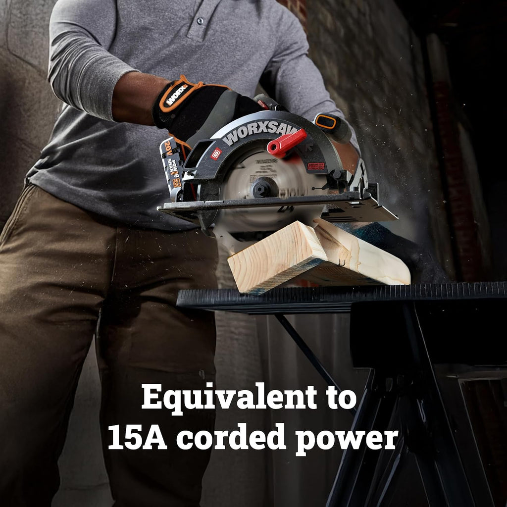 WORX Cordless Circular Saw, 20V 7-1/4-Inch Blade Brushless Circular Saw, Powerful and Faster Cutting with up to 6,100 RPM, Ultra-lightweight Design, 20V 4.0 Ah Battery and Charger Included, PowerShare