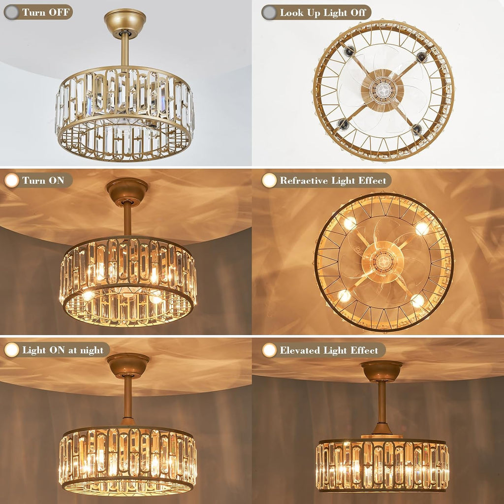 18.2' Gold Caged Ceiling Fans with Lights Remote Crystal Fandelier 4-Lights Flush Mount Fan Light Modern Enclosed Chandelier Fan with 6 Speeds for Bedroom Living Room Kitchen Dining Room Hallway