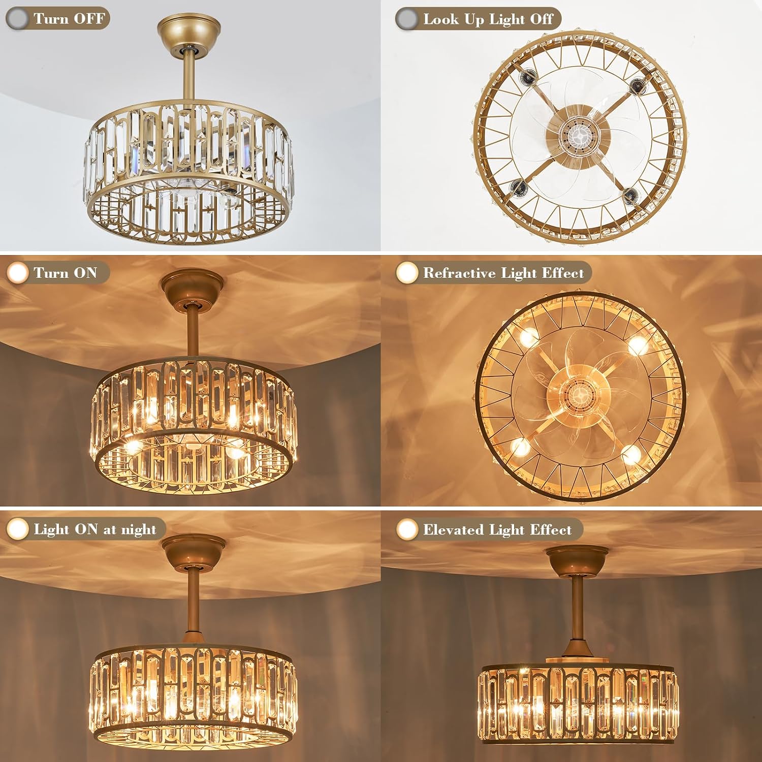18.2' Gold Caged Ceiling Fans with Lights Remote Crystal Fandelier 4-Lights Flush Mount Fan Light Modern Enclosed Chandelier Fan with 6 Speeds for Bedroom Living Room Kitchen Dining Room Hallway