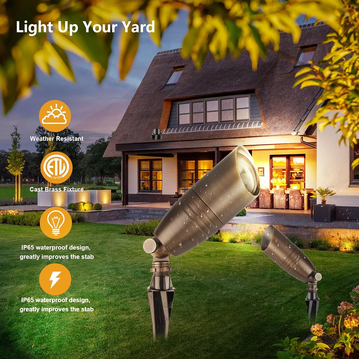 Brass Wired Landscape Light, Low Voltage Landscape Light,12V AC Uplighting Outdoor, Directional Outdoor Landscape Spotlight(4-Pack with PVC Ground Stakes,4 Light Bulbs,4 Code Cutters)