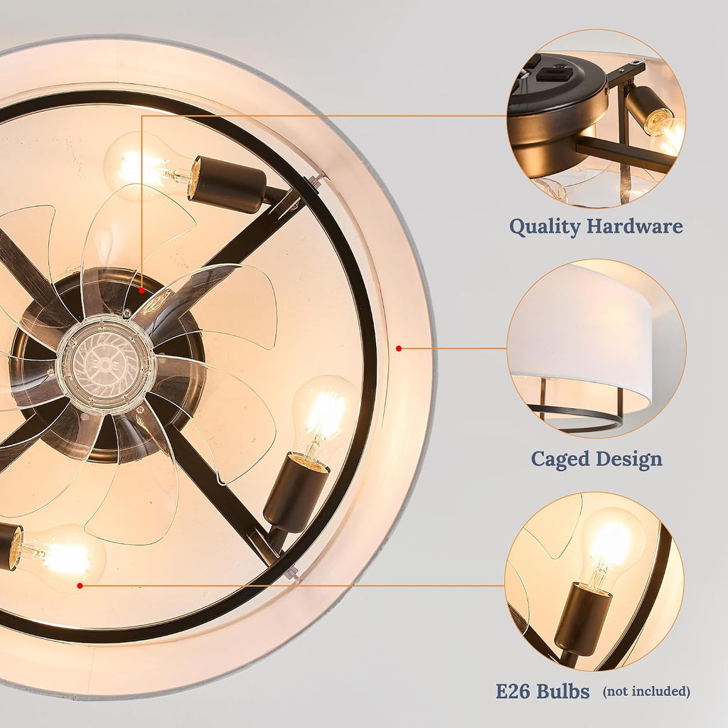 20' Black Boho Caged Linen Low Profile Ceiling Fan with Remote, 6 Speeds
