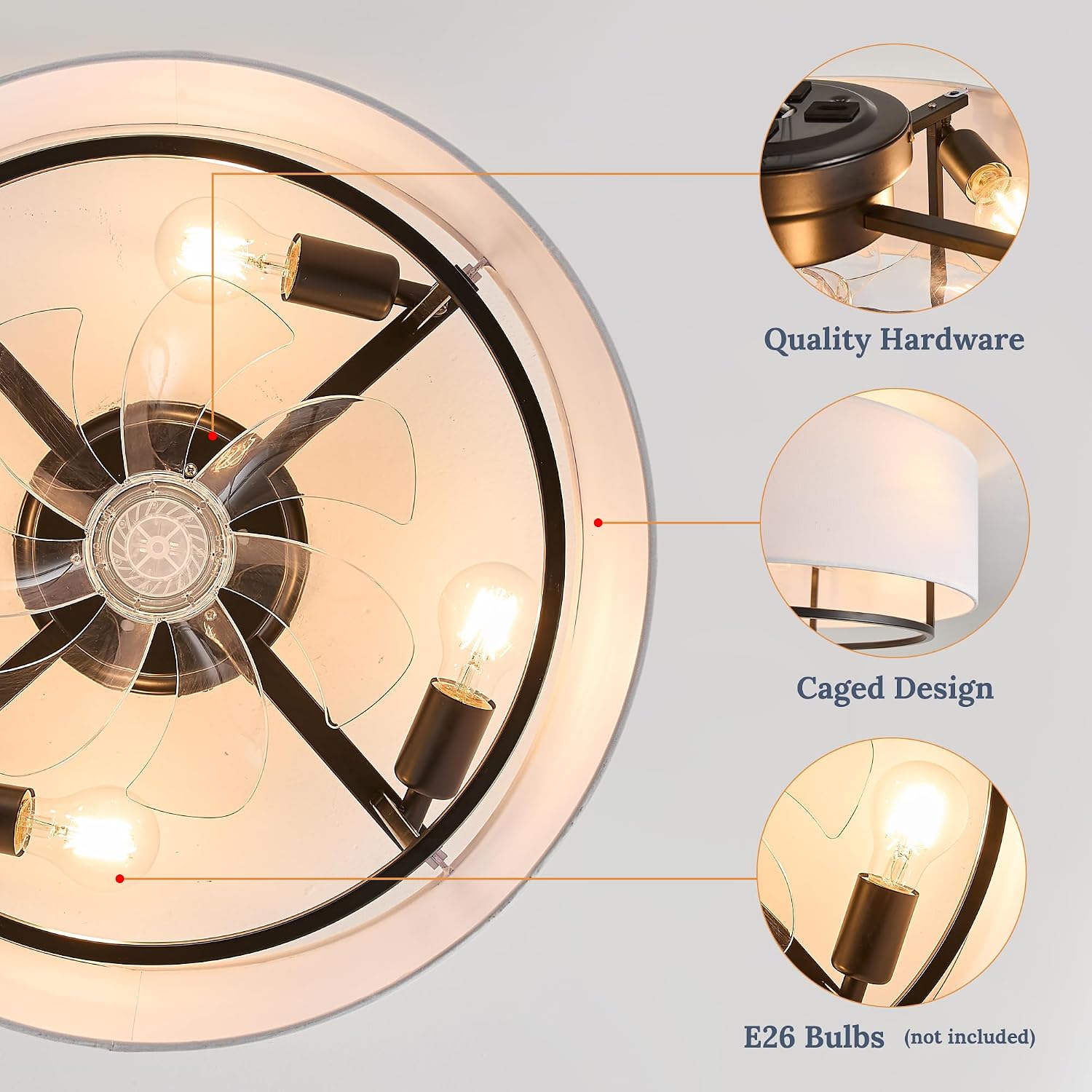 20' Black Boho Caged Linen Low Profile Ceiling Fan with Remote, 6 Speeds