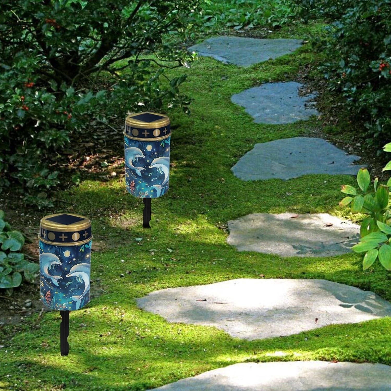 Dolphin Solar Garden Lights Outdoor Solar Walkway Lights,Moon Star Pathway Lights Waterproof Solar Pathway Lights Solar Powered Fairy Lights for Home Path