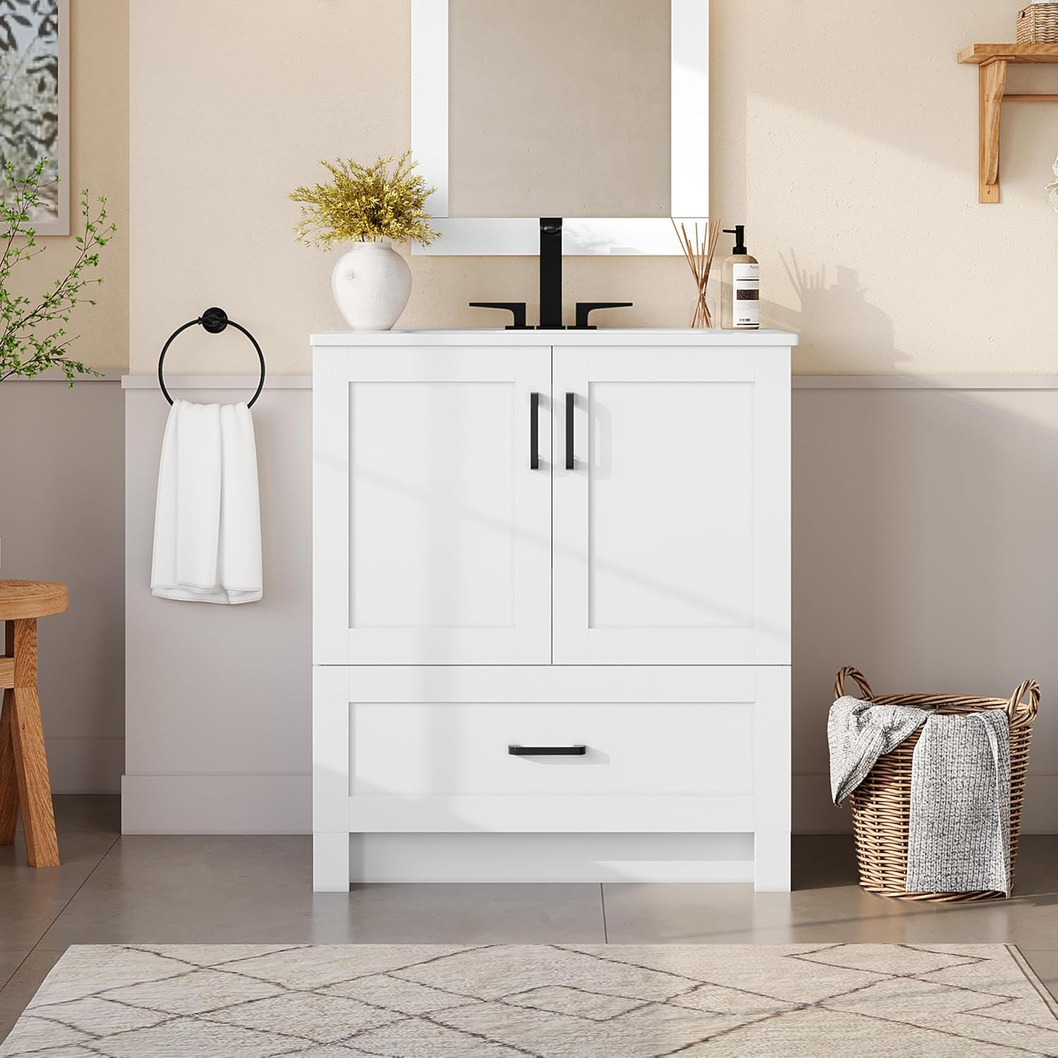 Yaheetech 30' Bathroom Vanity with Ceramic Basin, Freestanding Bathroom Storage Cabinet with 2 Soft-Close Door and 1 Tip-Out Drawer, Undermount Vanity Sink Cabinet, Easy-to-Clean, White