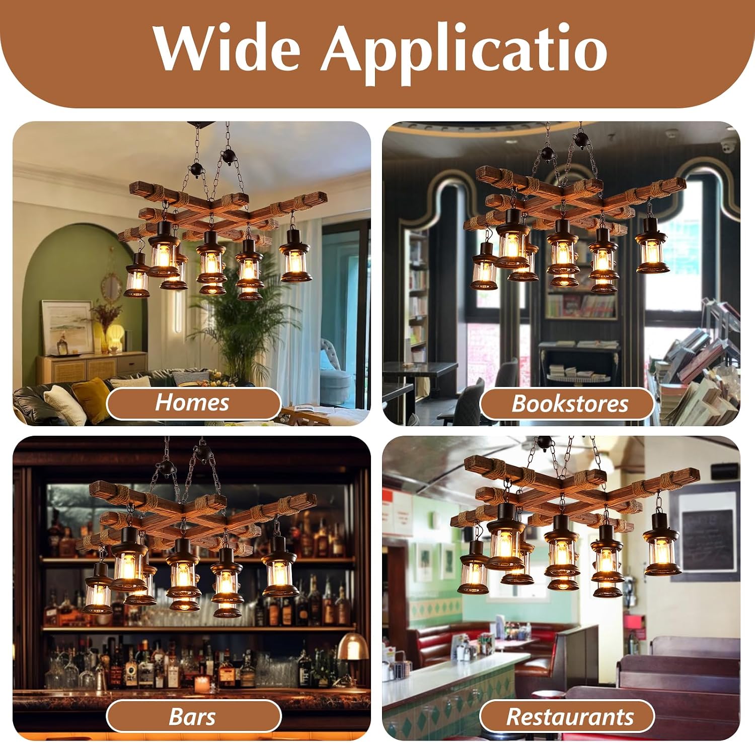 8-Head Industrial Wooden Chandeliers, Vintage Wooden Chandeliers, Durable Vintage Lamps, Retro Ceiling Light, Farmhouse Chandelier Hanging, for Pool Table Kitchen Bar