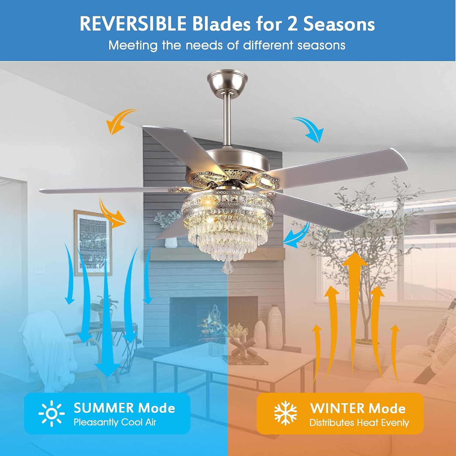 GJeg Crystal Ceiling Fan Fandelier with Lights - Retro Outdoor Fans with Remote Control, Farmhouse Ceiling Fan with Noiseless AC Reversible Motor,Dining Room,Living Room(52' Silver)