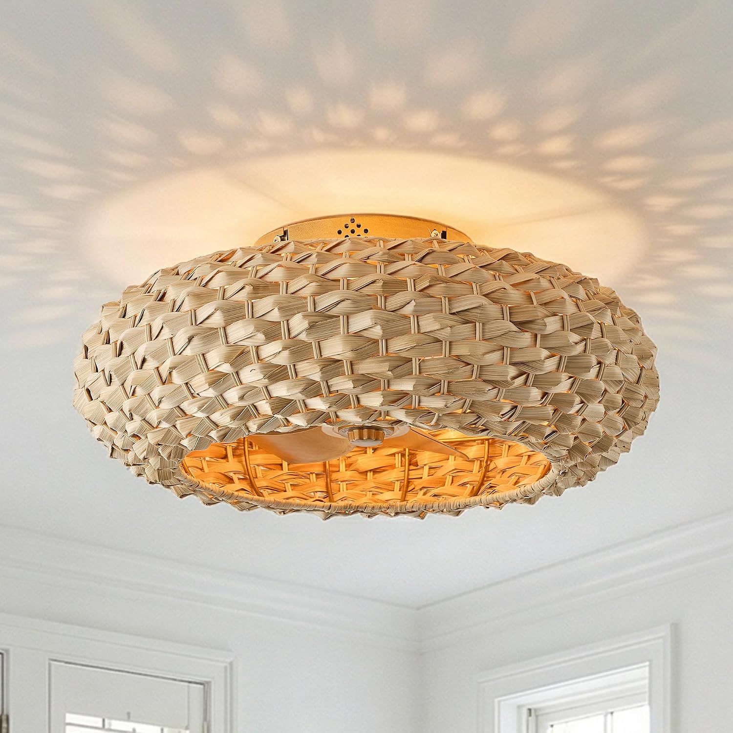 20.4' Boho Rattan Ceiling Fan with Light, Flush Mount Caged Fandelier with Remote, 6-Speed Reversible Quiet DC Motor, Timer, Low Profile Enclosed Gold Ceiling Fan for Bedroom Living Room