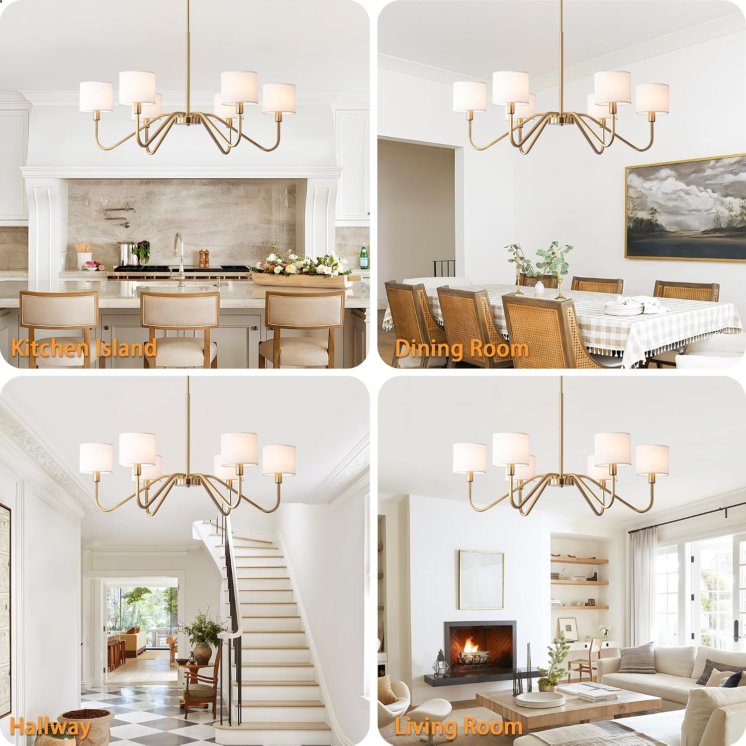 Modern Gold 6-Lights Chandelier, 39' Pendant Light with White Fabric Shade Adjustable Classic Chandelier Light Fixtures for Kitchen Island Dining & Living Room Entryway