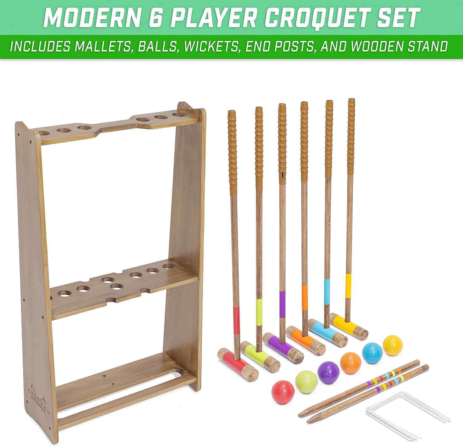 GoSports Premium Wood Stained Six Player Croquet Set with Handcrafted Wooden Stand