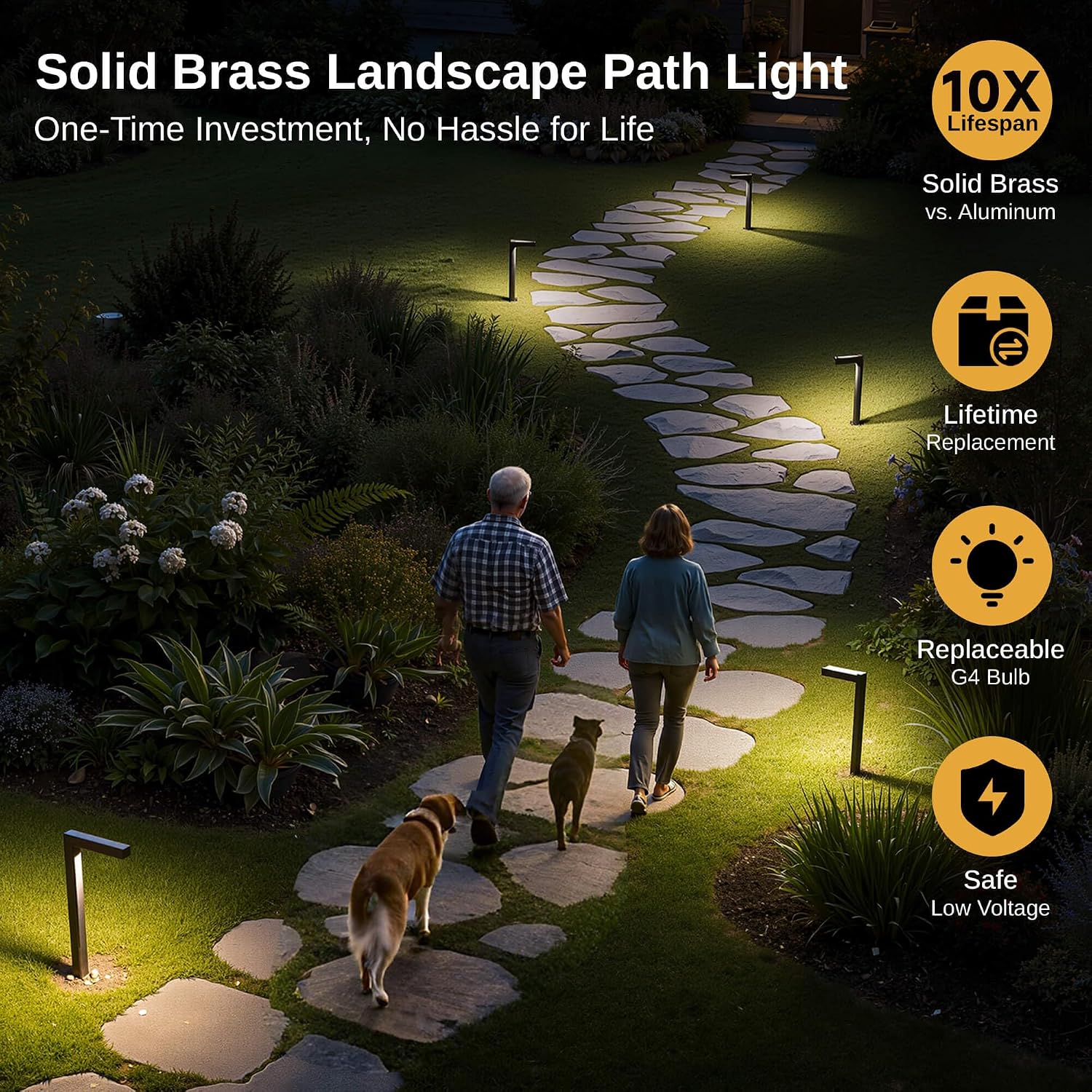 Gardenreet Brass Hardwired Landscape Path Lights, 12V Low Voltage Pathway Light IP65 Waterproof, Outdoor Walkway Lighting Wired, LED Bronze for Patio Lawn with 3W 3000K Soft White G4 Bulb (4 Pack)