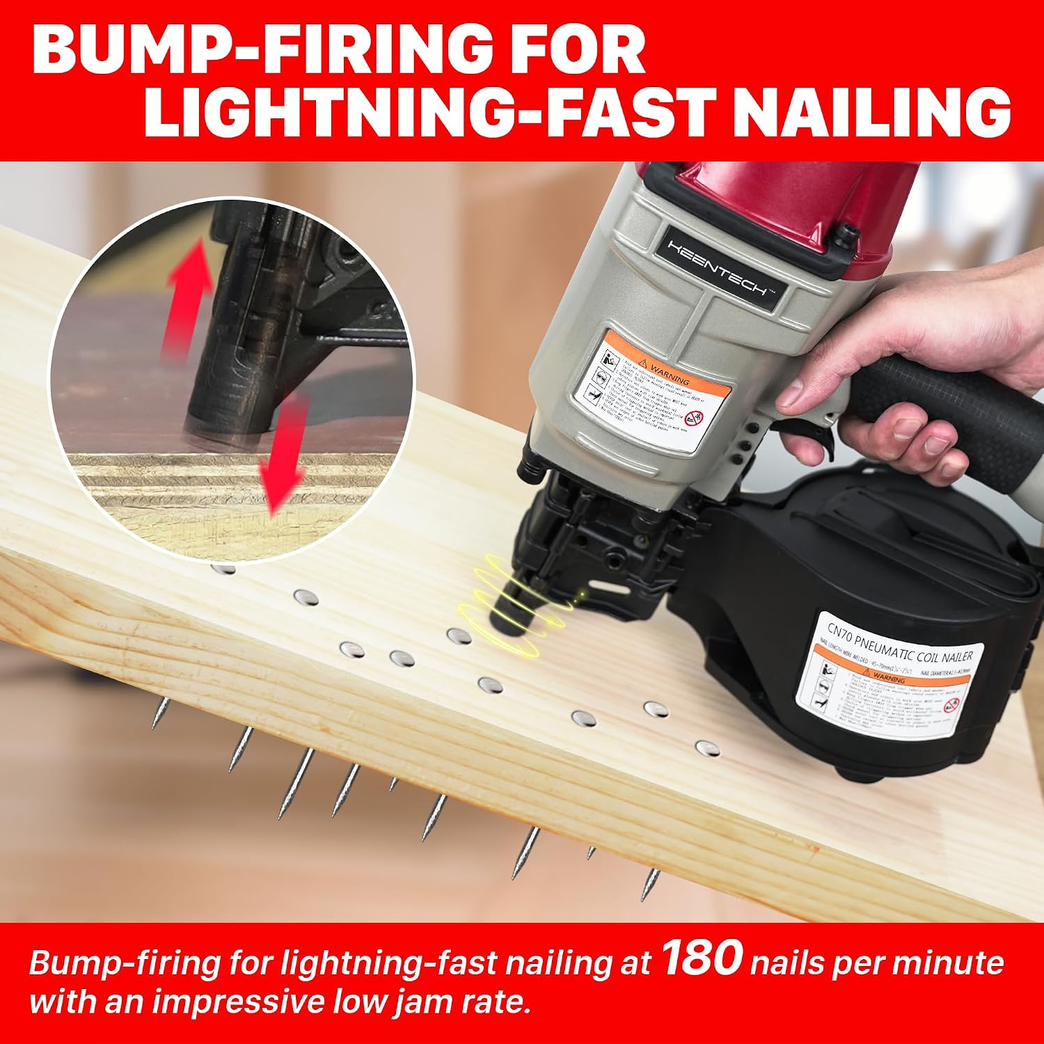 KEENTECH Pneumatic Siding Nail Gun for 1-3/4' to 2-3/4' 15-Degree Nails, Coil Siding Nailer with Bump Firing for Fast Nailing Speed, Coil Nail Gun for Pallet, Siding, Crating, Decking, Framing, CN70
