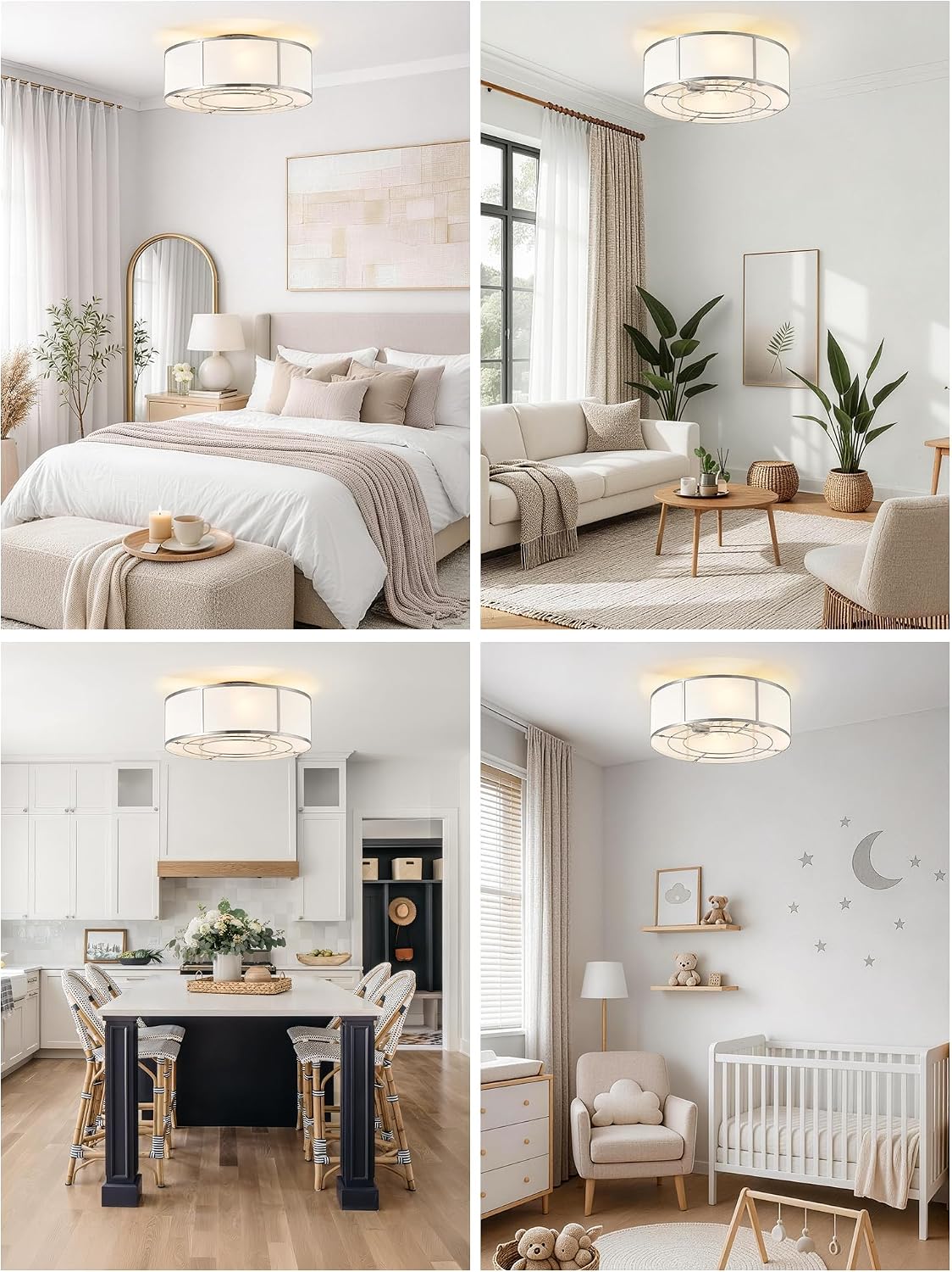 Low Profile Ceiling Fans with Lights, 20' Flush Mount Ceiling Fan with Light, Silver and White Boho Bladeless with 6 Speeds Remote Control for Bedroom, Nursery, Living Room
