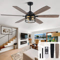60 Inch Farmhouse Ceiling Fan with Lights and Remote Large Rustic Ceiling Fan Caged Fandelier Chandelier, 6 Dual Blades Reversible Quiet DC Motor 3CCT 6 Speed for Living Room Indoor Outdoor