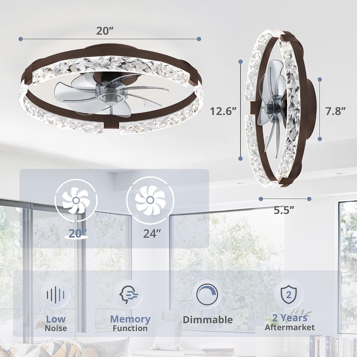 LEDIARY 2 Pack 20 Inch Low Profile Ceiling Fan with Lights and Remote, Dimmable Fandelier Ceiling Fans, Brown Modern Flush Mount Ceiling Fan with 3 Color Temperature Change and 6 Speeds