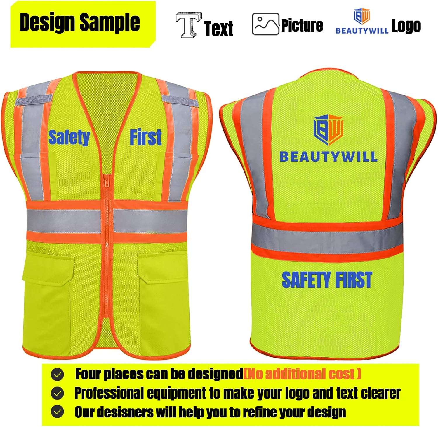 BeautyWill Custom Safety Vest Customized Logo Class 2 High Visibility Reflective Vest with Pockets Construction workwear