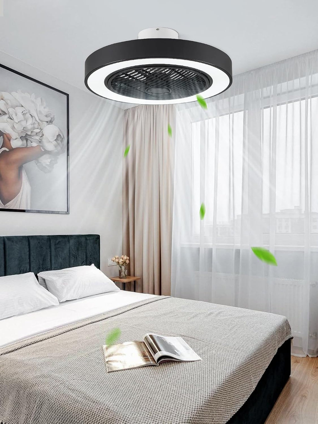 LEDIARY 22in Enclosed Ceiling Fans with Lighst and Remote, Black Modern Bladeless Ceiling Fan with Bright Light, Led Flush Mount Ceiling Fan for Bedroom, Living Room, Kid Room(6 Speeds, 3000-6000K)