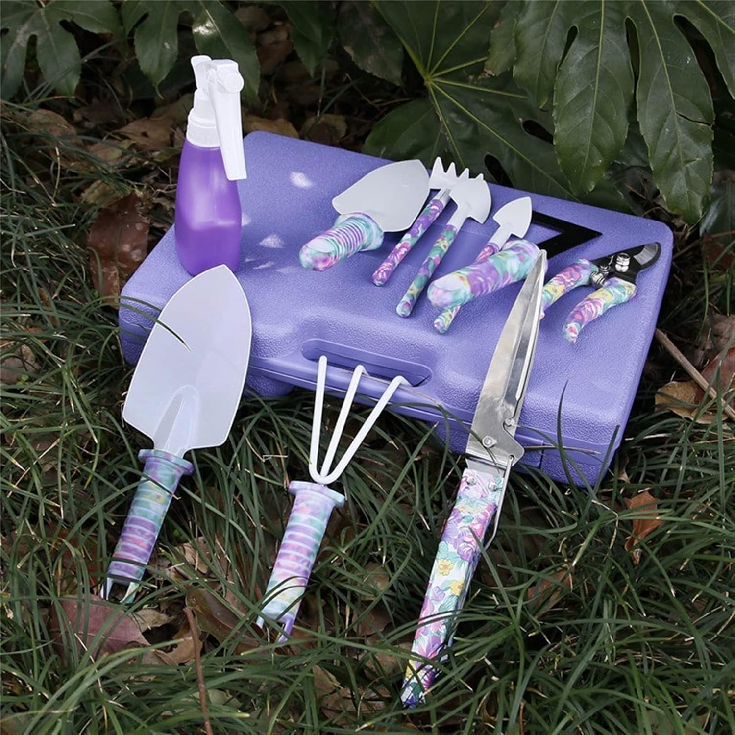 Garden Tools Set, 10 Pieces Gardening Tools, Garden Hand Tools with Purple Floral Print Ergonomic Handle & Carrying Case (Color : Green)