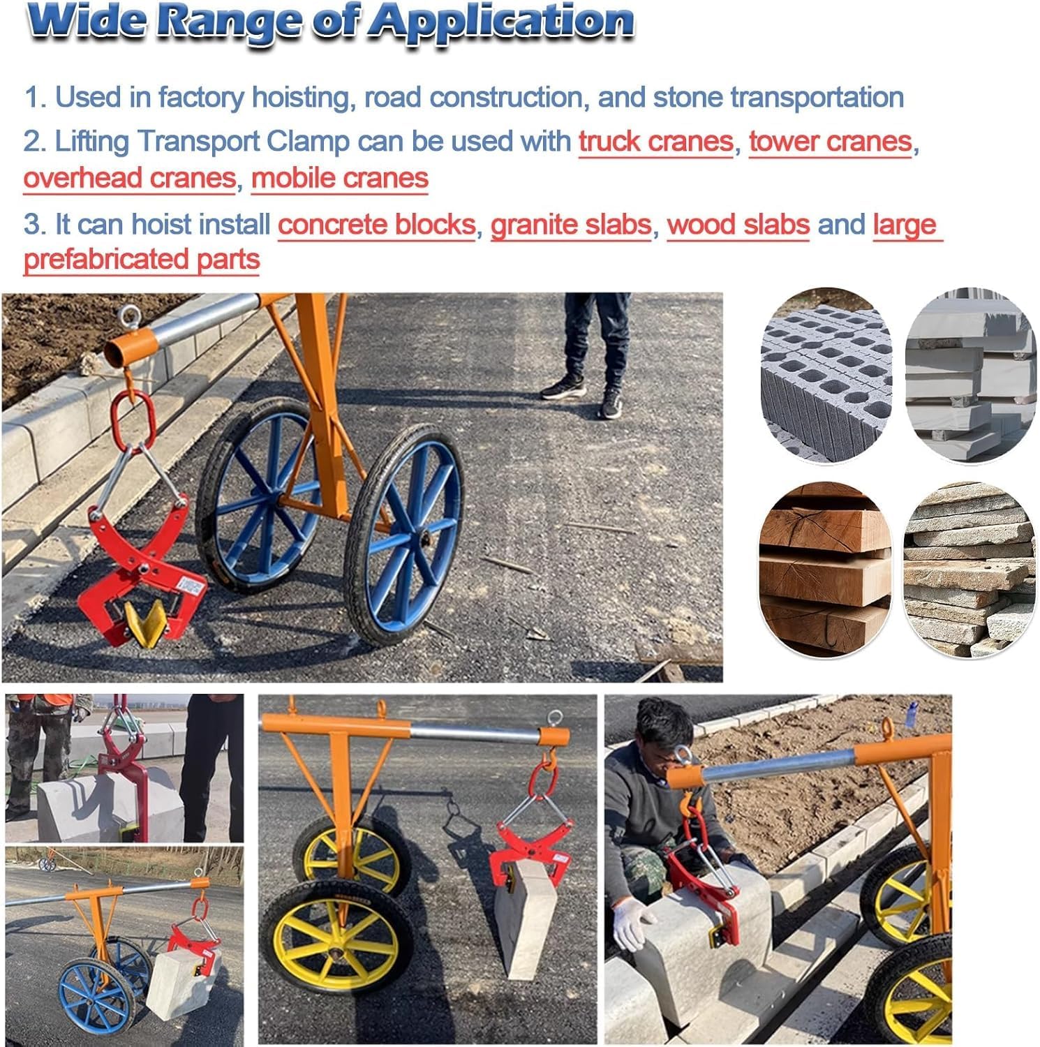 Heavy Duty Carrying Clamps for Granite Lifting - with 4 Pcs Rubber Pats, 2.4-7.1in/3.9-11.8in/4.7-9.4in Wide Jaw Opening Stone Lifting Fixture Clamp, Slab Lifter Tools Carrying, Opening size 12-24cm