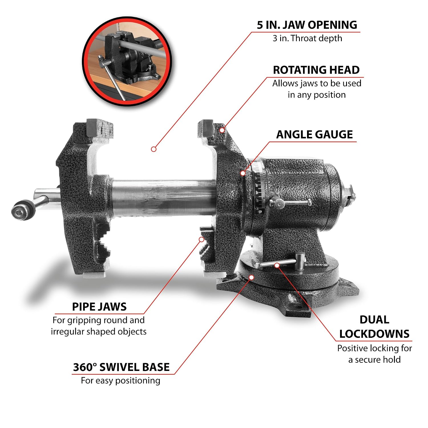 Performance Tool MV11 5 in. Multi-Purpose Vise for Heavy-Duty Clamping and Precision Work, Ideal for Woodworking, Metalworking, and DIY Projects