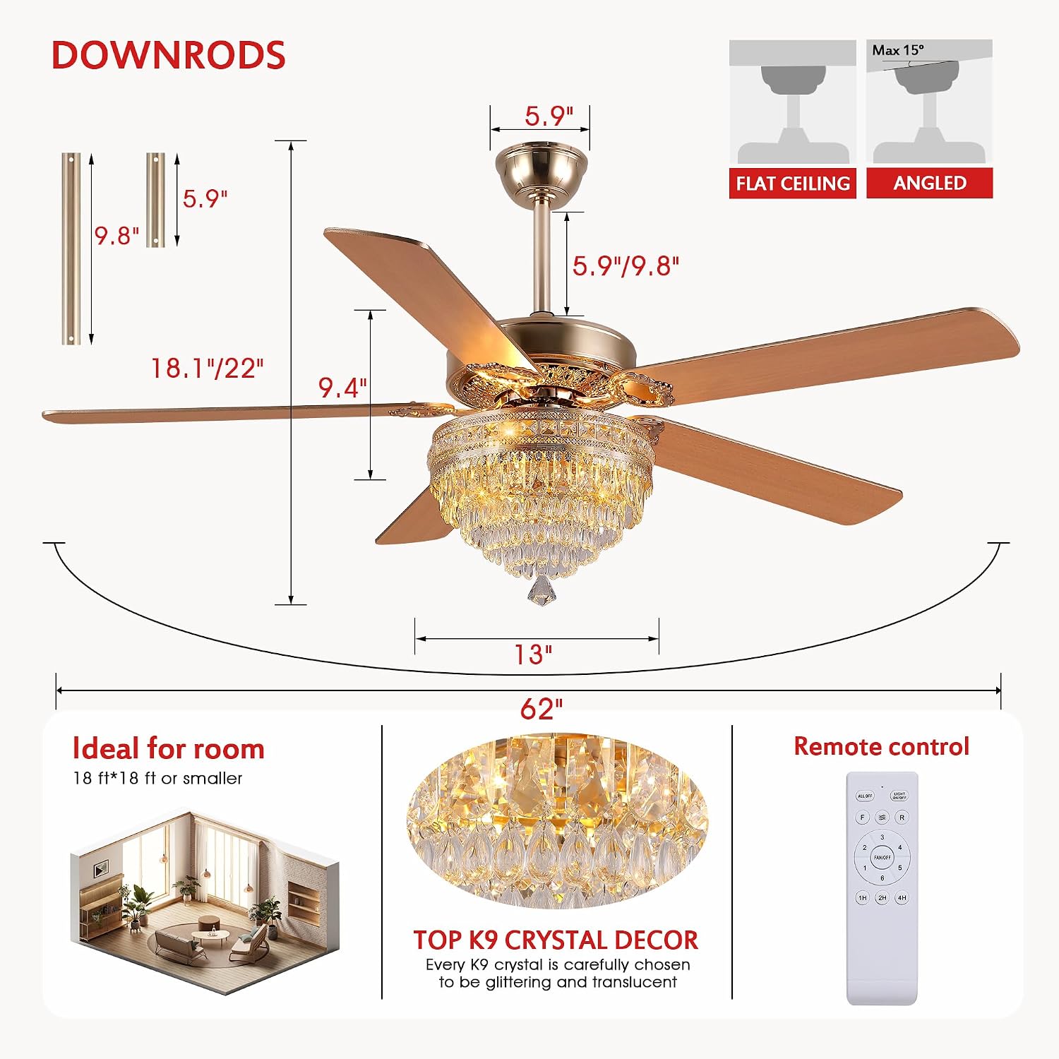 GJeg Crystal Ceiling Fan Fandelier with Lights - Retro Outdoor Fans with Remote Control, Farmhouse Ceiling Fan with Noiseless DC Reversible Motor,Dining Room,Living Room(62' Gold)
