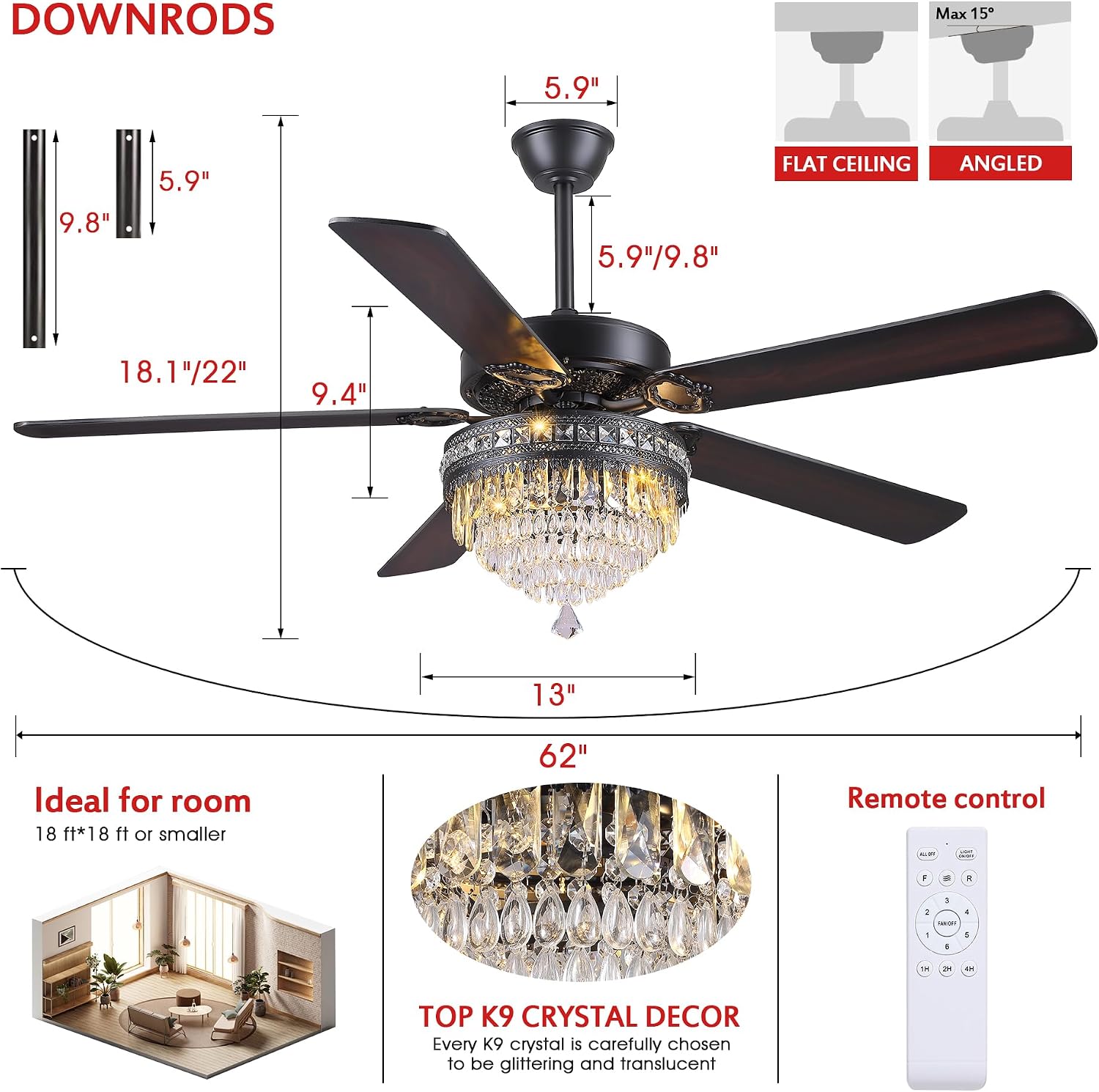 GJeg Crystal Ceiling Fan Fandelier with Lights - Outdoor Ceiling Fans with Remote Control, Farmhouse Ceiling Fan with Noiseless DC Reversible Motor,Dining Room,Living Room(62' Black)