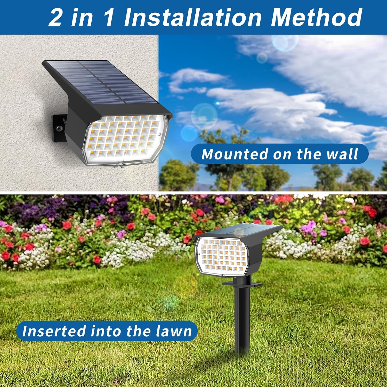 WENATY 18 Pack Solar Spot Lights Outdoor, 46 LEDs, Yellow, Floodlight, Outdoor, Solar Powered, Flush Mount, LED, Polished Plastic, 800 Lumen, Waterproof, 4 Count, Removable, Spotlights, Solar Light