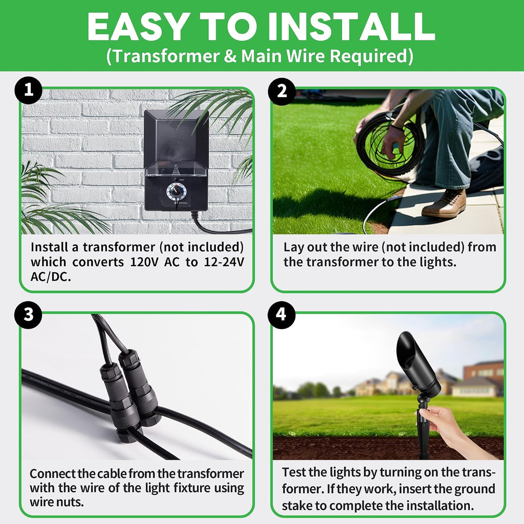 Outdoor Landscape Spotlights - 2700K/3000K/3500K/4000K/5000K Switchable White, Low Voltage Spot Lights LED Hard-Wired, IP65 Waterproof Uplighting, Black Aluminum for Backyard Fence 8 Pack