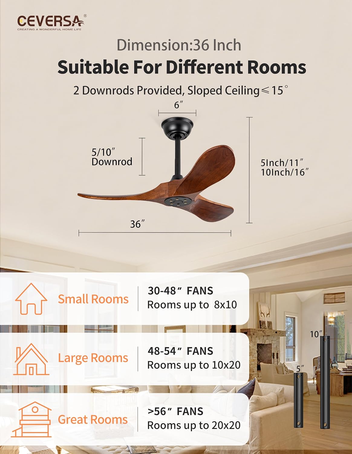 36 Inch Small Ceiling Fan no Light, Outdoor Ceiling Fans Without Lights with Remote Control, 3 Blades Solid Wood Propeller for Patio, Indoor, Living Room, Bedroom, Porch, Farmhouse