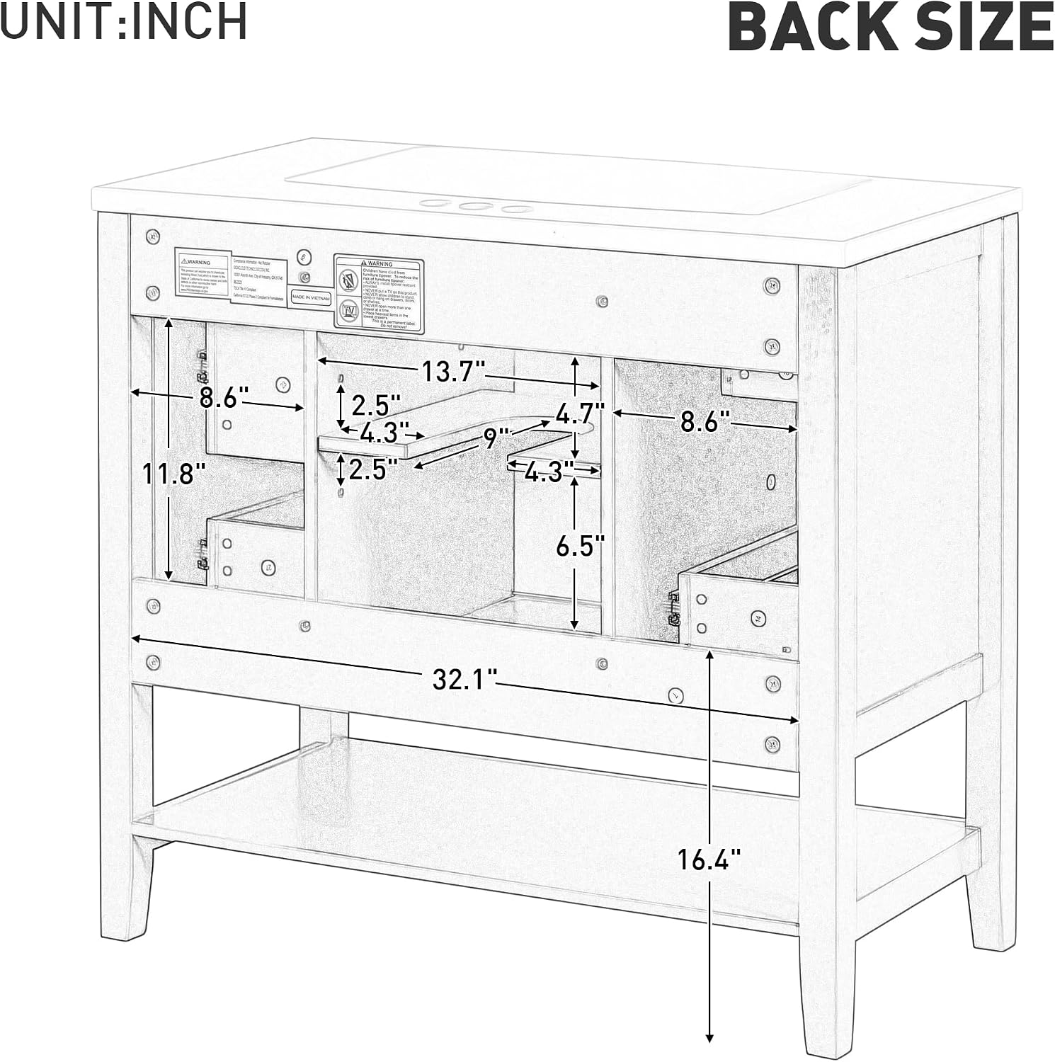 36' Vanity Bathroom Cabinet with Sink Top, Three Multi-Functional Drawers, Open Storage Space, Adjustable Shelf, White