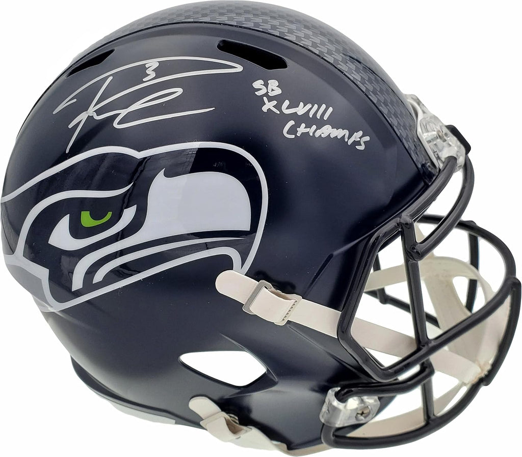 Russell Wilson Autographed Seattle Seahawks Full Size Replica Speed Helmet 'SB XLVIII Champs' In Silver RW Holo Stock #94268 - Autographed NFL Helmets