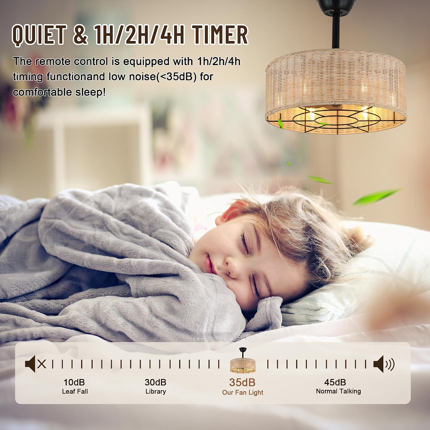 18'' Boho Rattan Caged Ceiling Fan with Light and Remote, Flush Mount Retro Fandelier with Lights, 6-Speed Reversible Silent,Boho Ceiling Fan for Bedroom Kitchen