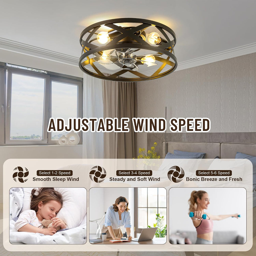 20'' Caged Ceiling Fan with Light,6 Speed Reversible DC Motor,4 E26 Bulb Base,1/2/4H Timer,Industrial Flush Mount Low Profile Ceiling Fan with Remote Control for Bedroom Living Room
