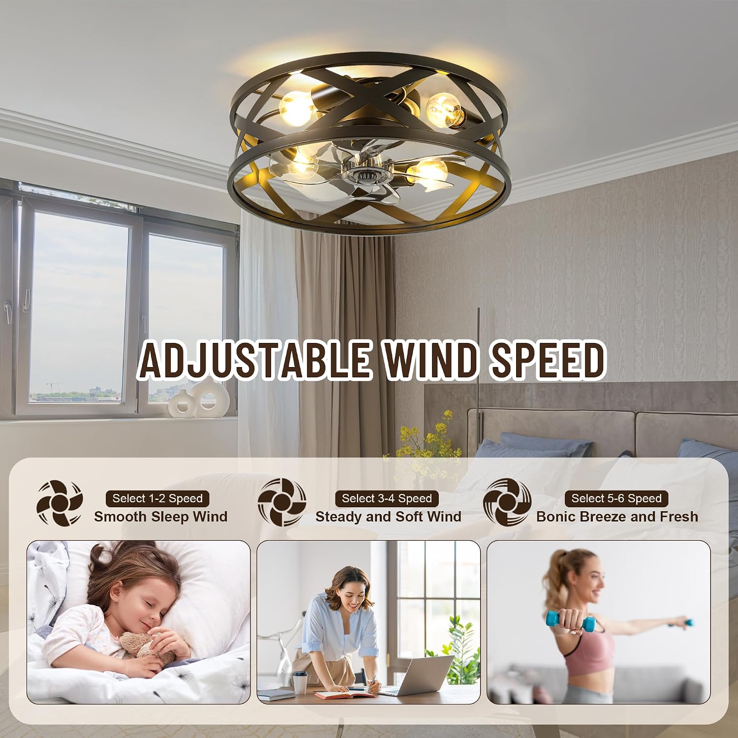 20'' Caged Ceiling Fan with Light,6 Speed Reversible DC Motor,4 E26 Bulb Base,1/2/4H Timer,Industrial Flush Mount Low Profile Ceiling Fan with Remote Control for Bedroom Living Room