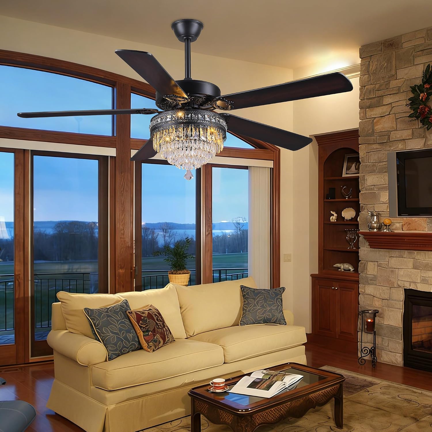GJeg Crystal Ceiling Fan Fandelier with Lights - Outdoor Ceiling Fans with Remote Control, Farmhouse Ceiling Fan with Noiseless DC Reversible Motor,Dining Room,Living Room(62' Black)