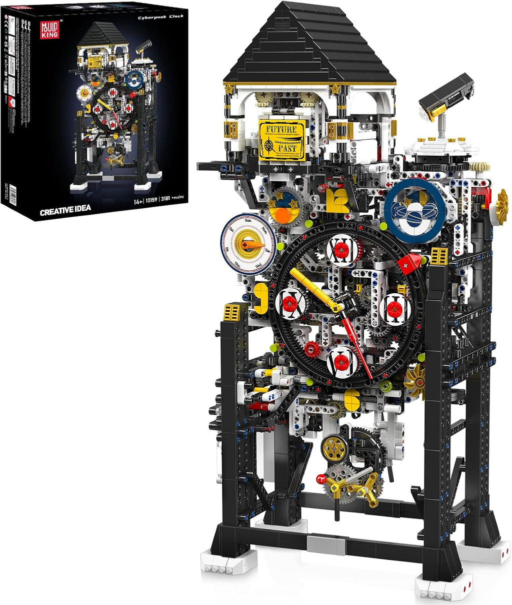 Mould King Cyberpunk Clock Building Set, 3181+ Pcs Building Blocks Kits That Run with Chiming Bird & 4 Dials, Electric Alarm Clock Model Kit with Motor, Collectible Building Toys for Adults and Teens