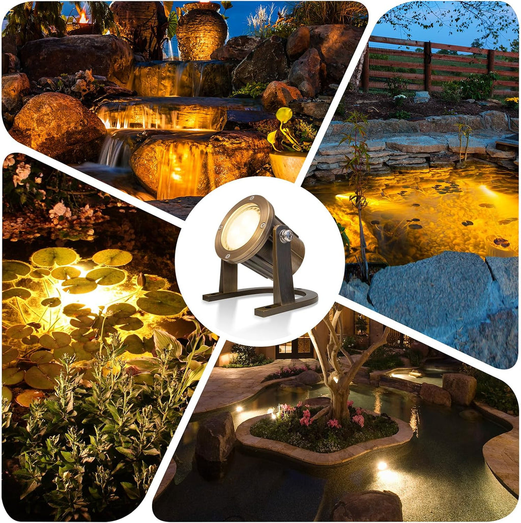 GKOLED Solid Brass Underwater Light, Low Voltage LED Pond Lights, Submersible Fountain Lighting with 5W 2700K 410LM MR16 Bulb, 9-15V AC/DC Outdoor Landscape Light, IP68 Rated Pool Spotlights, 2 Pack